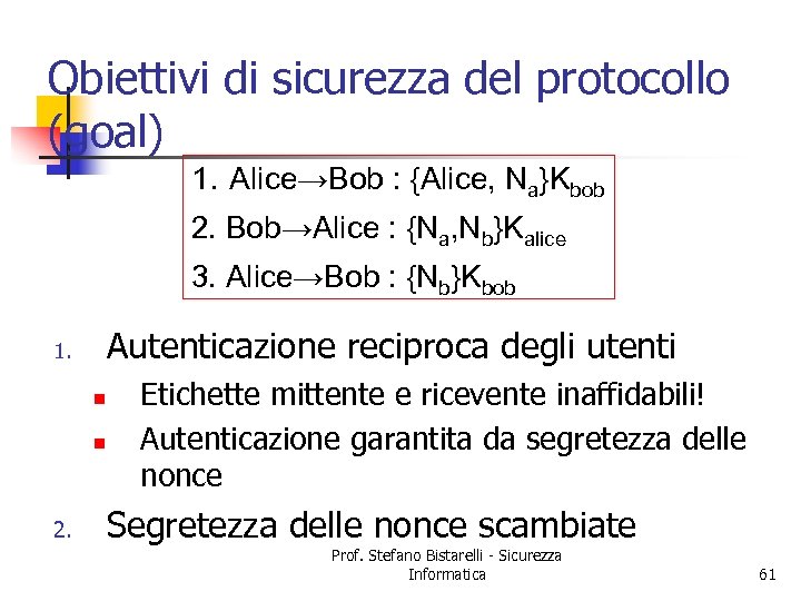 Obiettivi di sicurezza del protocollo (goal) 1. Alice→Bob : {Alice, Na}Kbob 2. Bob→Alice :