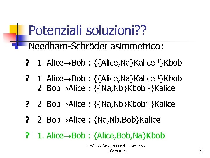 Potenziali soluzioni? ? n Needham-Schröder asimmetrico: ? 1. Alice→Bob : {{Alice, Na}Kalice-1}Kbob 2. Bob→Alice