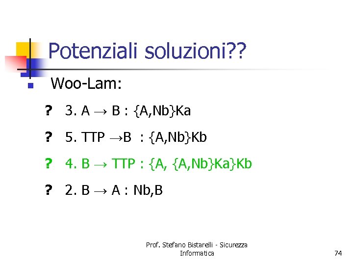 Potenziali soluzioni? ? n Woo-Lam: ? 3. A → B : {A, Nb}Ka ?