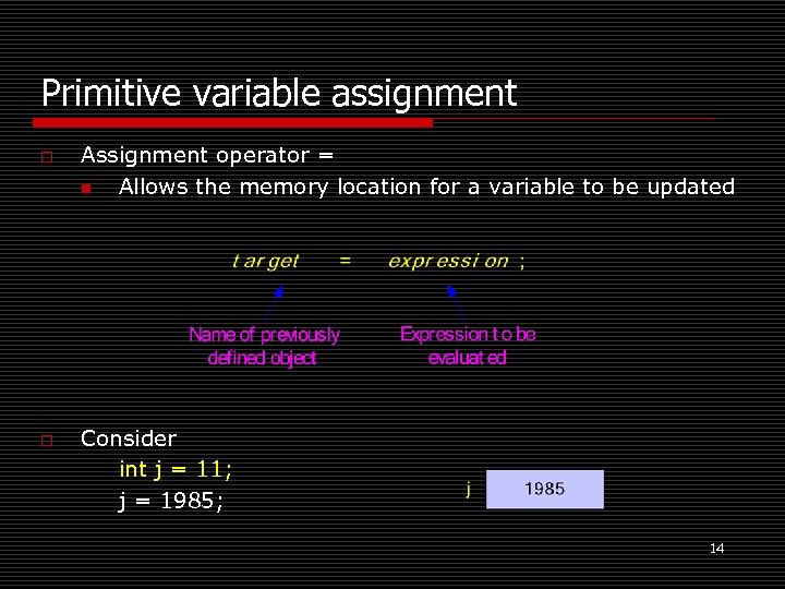 Primitive variable assignment o o Assignment operator = n Allows the memory location for