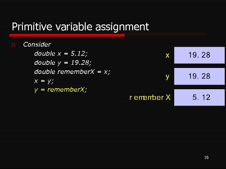 Primitive variable assignment o Consider double x = 5. 12; double y = 19.