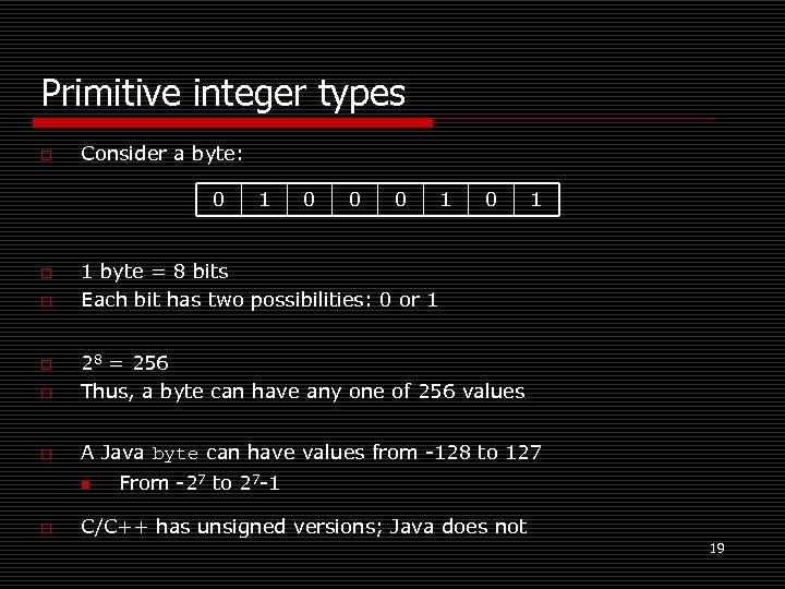 Primitive integer types o Consider a byte: 0 o o 1 0 0 0
