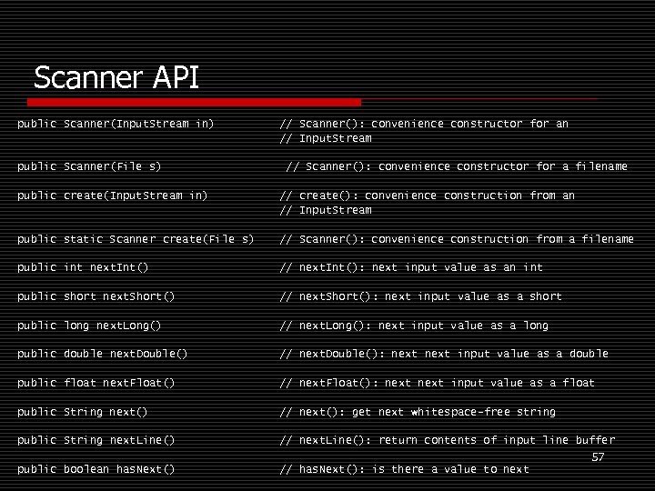Scanner API public Scanner(Input. Stream in) public Scanner(File s) // Scanner(): convenience constructor for