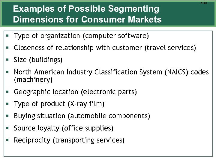 Examples of Possible Segmenting Dimensions for Consumer Markets 4 -40 § Type of organization