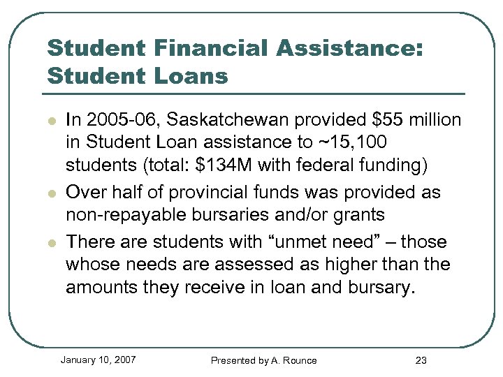 Student Financial Assistance: Student Loans l l l In 2005 -06, Saskatchewan provided $55