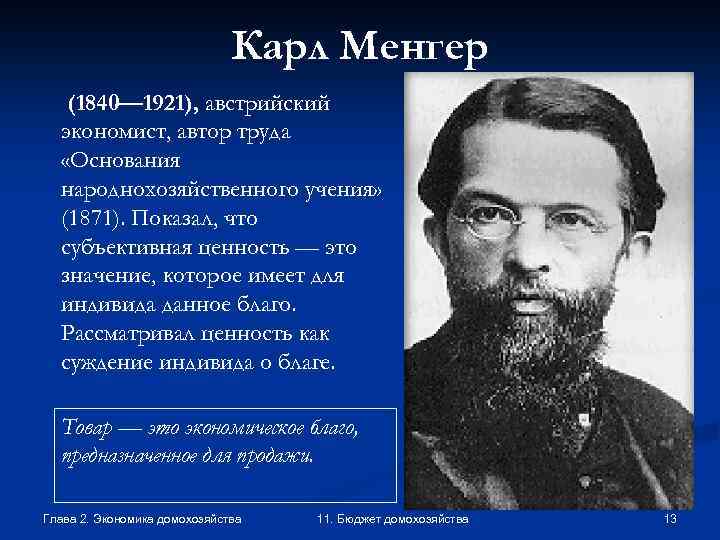 Карл Менгер (1840— 1921), австрийский экономист, автор труда «Основания народнохозяйственного учения» (1871). Показал, что