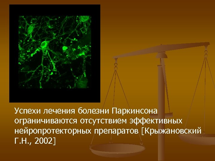 Успехи лечения болезни Паркинсона ограничиваются отсутствием эффективных нейропротекторных препаратов [Крыжановский Г. Н. , 2002]