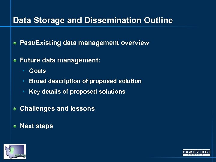 Data Storage and Dissemination Outline Past/Existing data management overview Future data management: • Goals