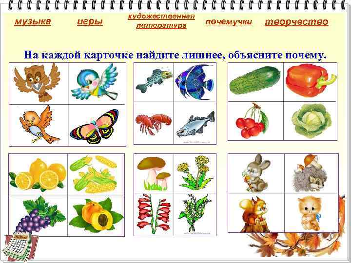 музыка игры художественная литература почемучки творчество На каждой карточке найдите лишнее, объясните почему. 