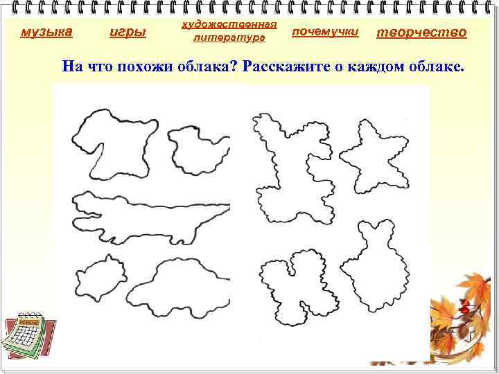 музыка игры художественная литература почемучки творчество На что похожи облака? Расскажите о каждом облаке.