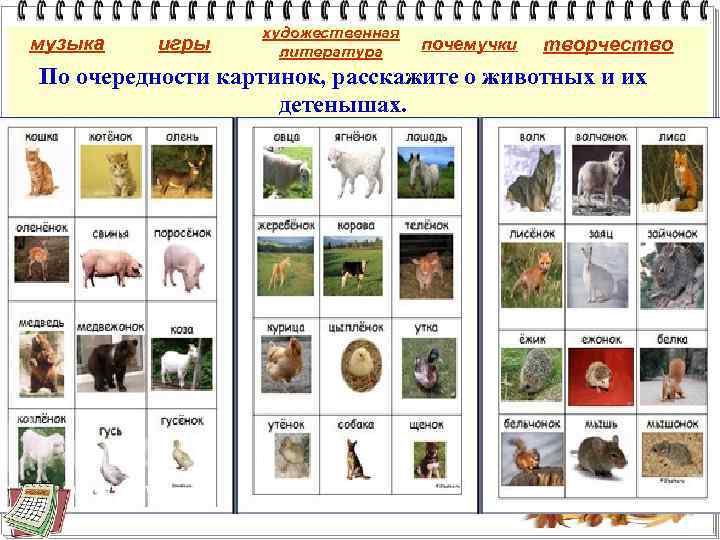 музыка игры художественная литература почемучки творчество По очередности картинок, расскажите о животных и их