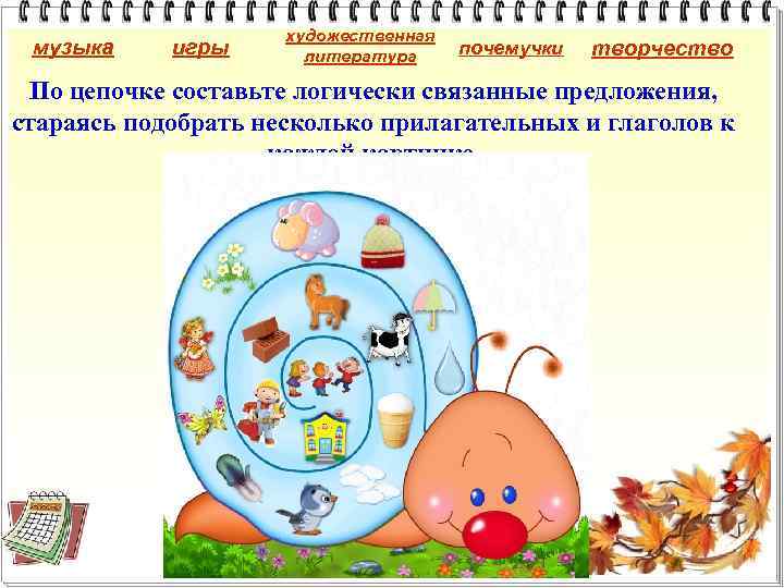 музыка игры художественная литература почемучки творчество По цепочке составьте логически связанные предложения, стараясь подобрать