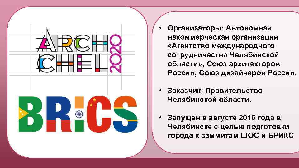  • Организаторы: Автономная некоммерческая организация «Агентство международного сотрудничества Челябинской области» ; Союз архитекторов