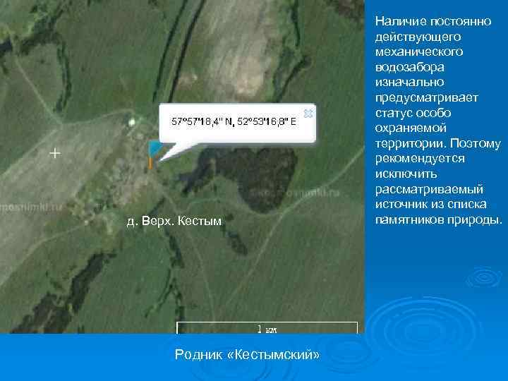 д. Верх. Кестым Родник «Кестымский» Наличие постоянно действующего механического водозабора изначально предусматривает статус особо