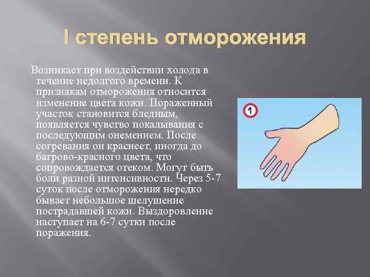 І степень отморожения Возникает при воздействии холода в течение недолгого времени. К признакам отморожения