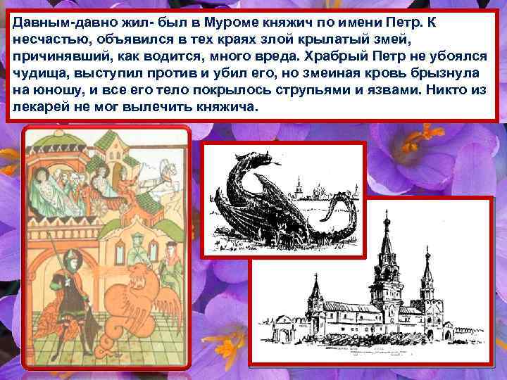 Давным-давно жил- был в Муроме княжич по имени Петр. К несчастью, объявился в тех