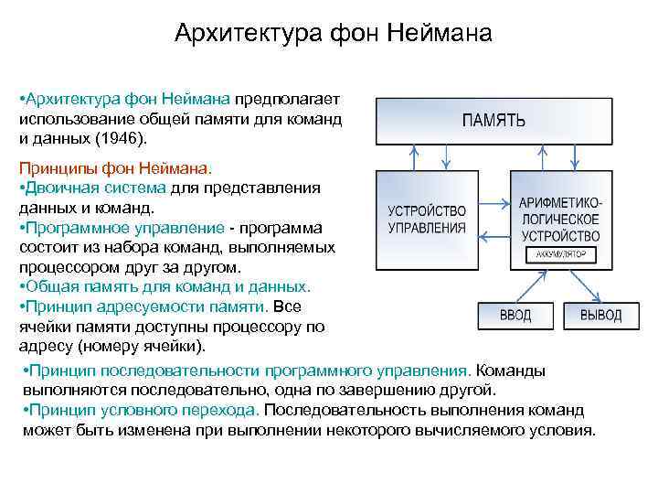 Архитектура фон Неймана • Архитектура фон Неймана предполагает использование общей памяти для команд и