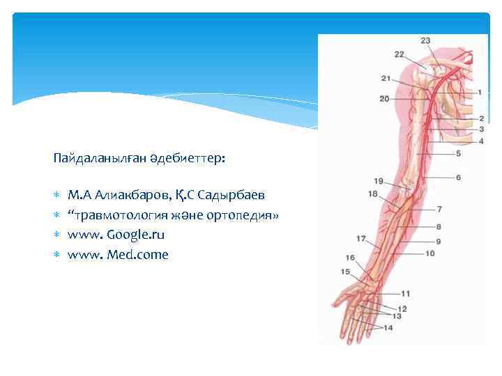 Пайдаланылған әдебиеттер: М. А Алиакбаров, Қ. С Садырбаев “травмотология және ортопедия» www. Google. ru
