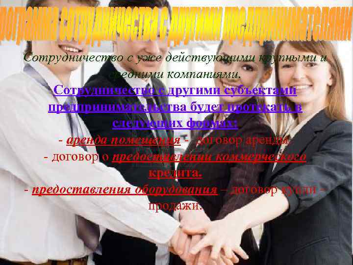 Сотрудничество с уже действующими крупными и средними компаниями. Сотрудничество с другими субъектами предпринимательства будет