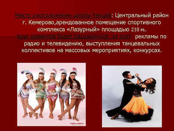 Место расположения школы танцев: Центральный район г. Кемерово, арендованное помещение спортивного комплекса «Лазурный» площадью