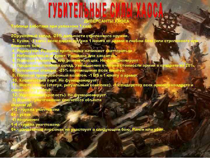 ДИВЕРСАНТЫ ХАОСА Таблица саботажа при успехе(на 1 ход): 2 Оружейный склад. -25% дальности стрелкового