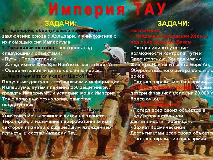 ЗАДАЧИ: 1. Недоверие, обернувшееся пониманием: заключение союза с Аэльдари, и уничтожение с их помощью