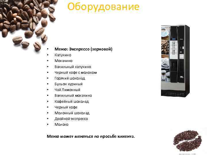 Оборудование • Меню: Экспрессо (зерновой) • • • • Капучино Мокачино Ванильный капучино Черный