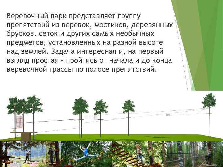 Веревочный парк представляет группу препятствий из веревок, мостиков, деревянных брусков, сеток и других самых