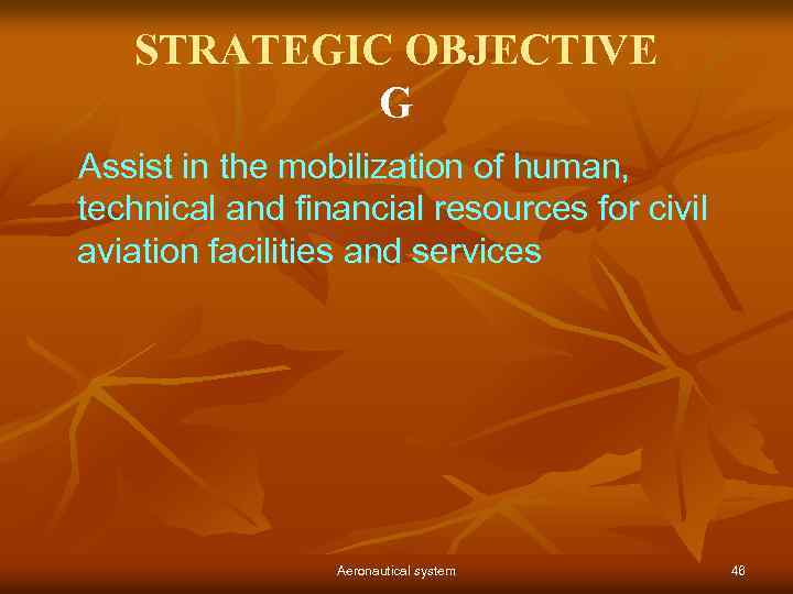 STRATEGIC OBJECTIVE G Assist in the mobilization of human, technical and financial resources for