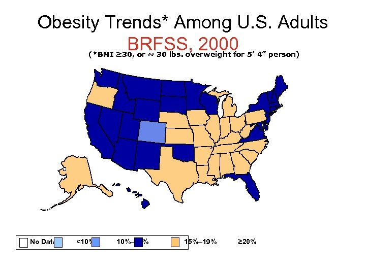 Obesity Trends* Among U. S. Adults BRFSS, 2000 (*BMI ≥ 30, or ~ 30