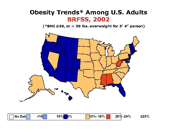 Obesity Trends* Among U. S. Adults BRFSS, 2002 (*BMI ≥ 30, or ~ 30