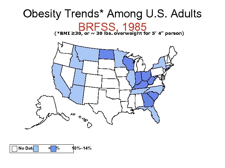 Obesity Trends* Among U. S. Adults BRFSS, 1985 (*BMI ≥ 30, or ~ 30