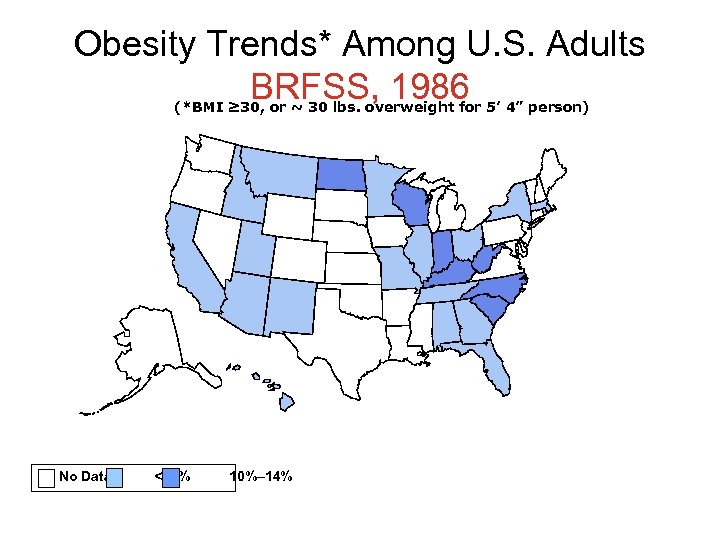 Obesity Trends* Among U. S. Adults BRFSS, 1986 (*BMI ≥ 30, or ~ 30