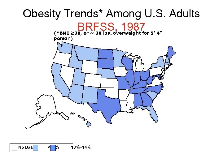 Obesity Trends* Among U. S. Adults BRFSS, 1987 (*BMI ≥ 30, or ~ 30