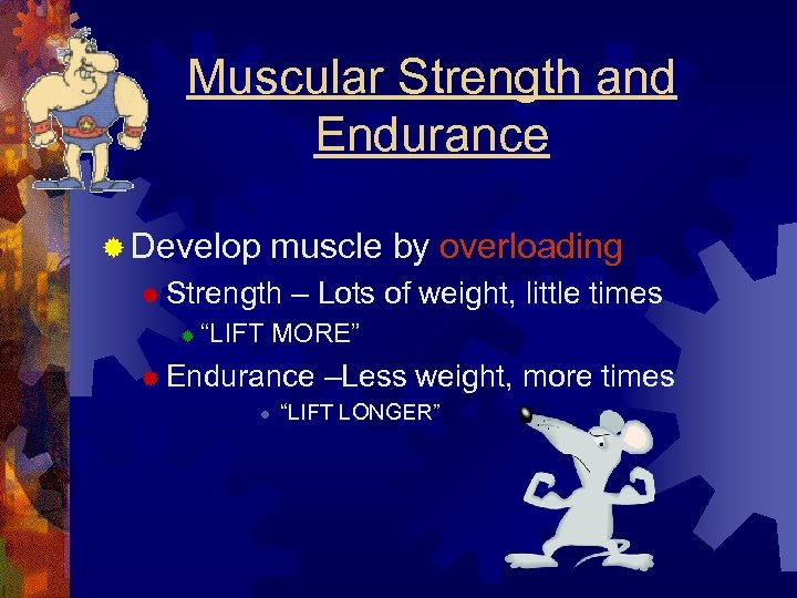 Muscular Strength and Endurance ® Develop muscle by overloading ® Strength ® – Lots