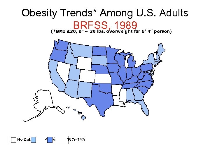 Obesity Trends* Among U. S. Adults BRFSS, 1989 (*BMI ≥ 30, or ~ 30