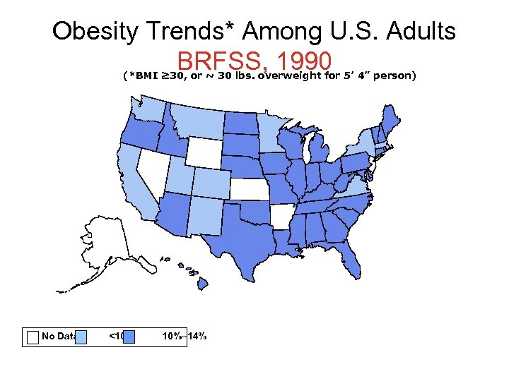 Obesity Trends* Among U. S. Adults BRFSS, 1990 (*BMI ≥ 30, or ~ 30