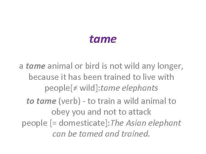 tame animal or bird is not wild any longer, because it has been trained