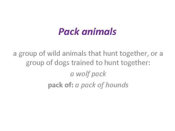 Pack animals a group of wild animals that hunt together, or a group of