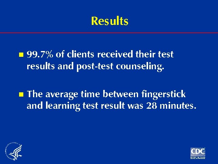 Results n 99. 7% of clients received their test results and post-test counseling. n