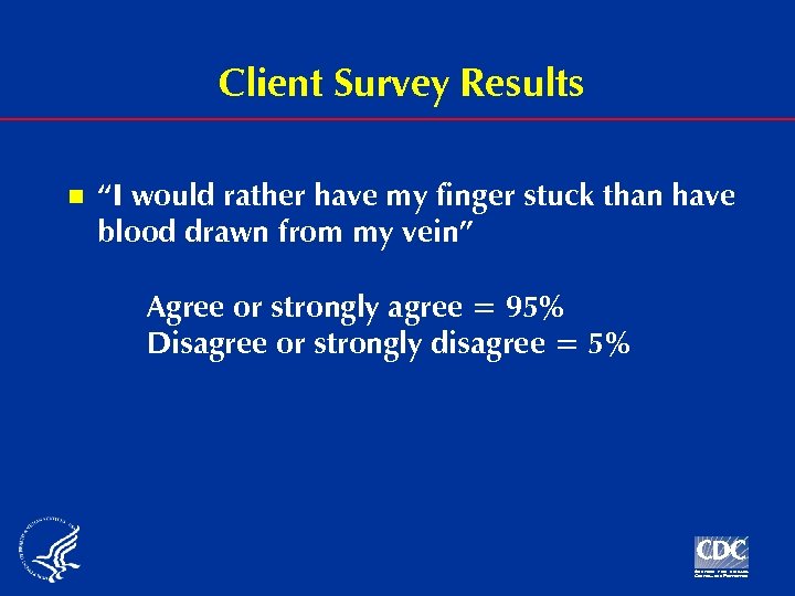 Client Survey Results n “I would rather have my finger stuck than have blood