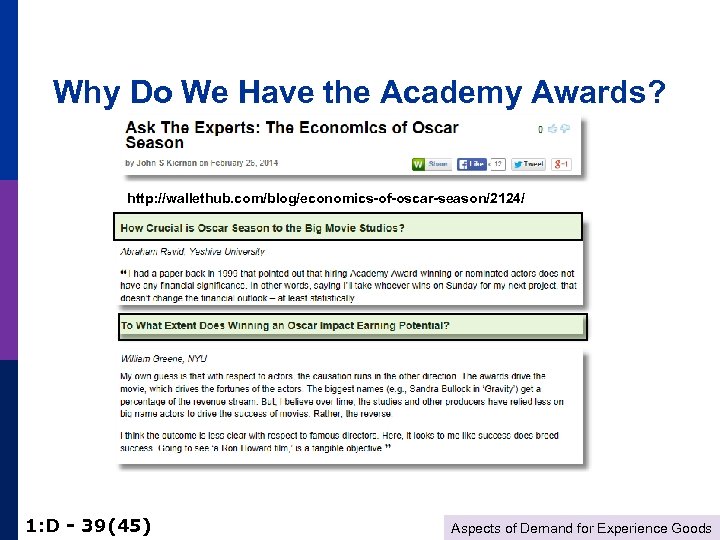 Why Do We Have the Academy Awards? http: //wallethub. com/blog/economics-of-oscar-season/2124/ 1: D - 39(45)