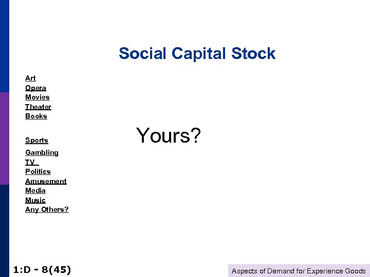 Social Capital Stock Art Opera Movies Theater Books Sports Gambling TV Politics Amusement Media
