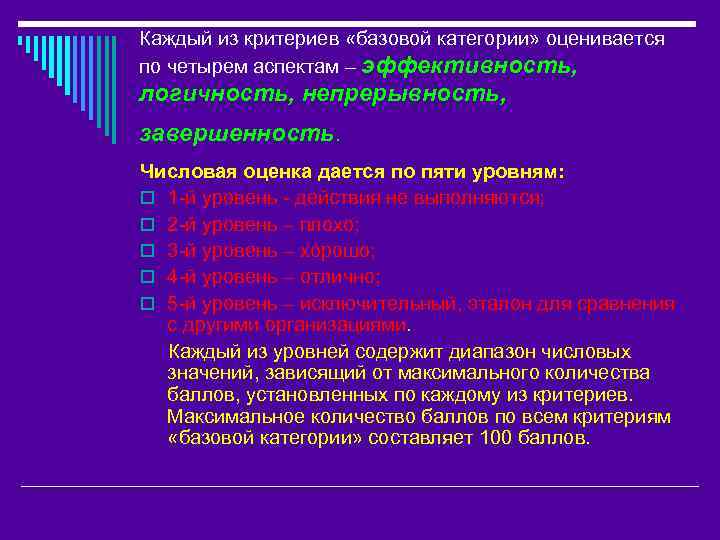 Каждый из критериев «базовой категории» оценивается по четырем аспектам – эффективность, логичность, непрерывность, завершенность.