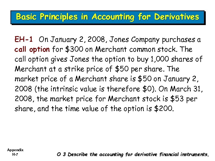 Basic Principles in Accounting for Derivatives EH-1 On January 2, 2008, Jones Company purchases
