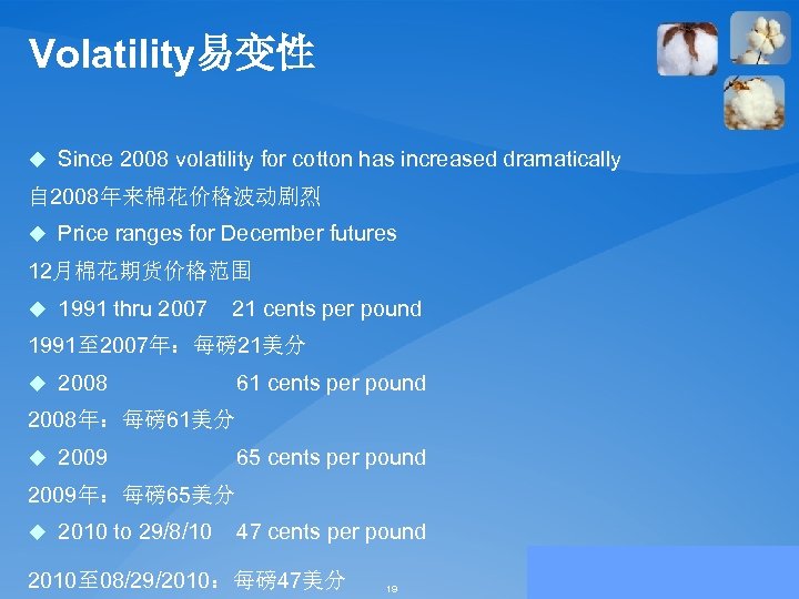 Volatility易变性 u Since 2008 volatility for cotton has increased dramatically 自 2008年来棉花价格波动剧烈 u Price