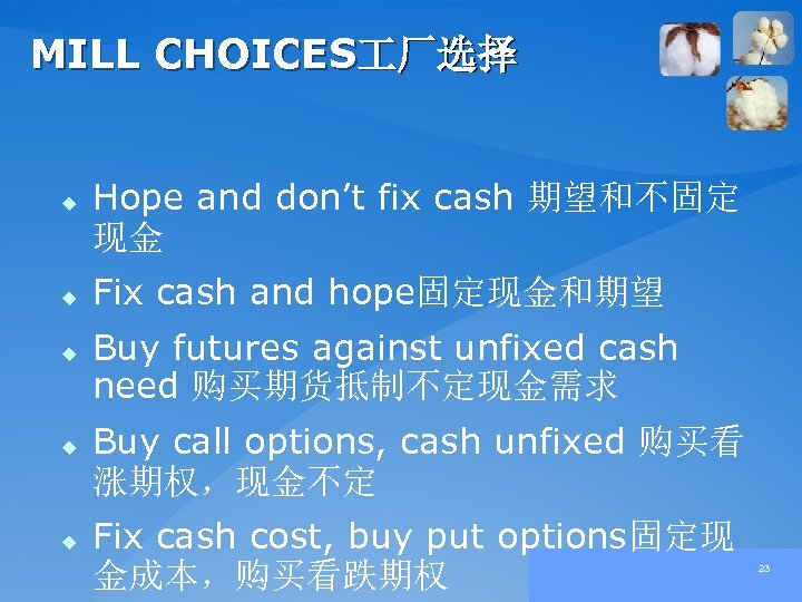 MILL CHOICES 厂选择 u u u Hope and don’t fix cash 期望和不固定 现金 Fix