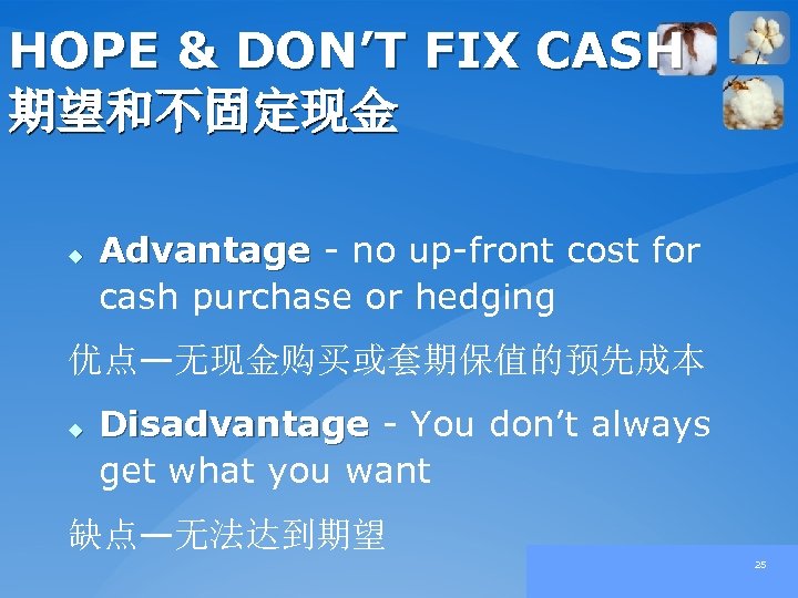 HOPE & DON’T FIX CASH 期望和不固定现金 u Advantage - no up-front cost for cash