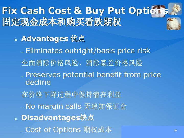 Fix Cash Cost & Buy Put Options 固定现金成本和购买看跌期权 u Advantages 优点 – Eliminates outright/basis