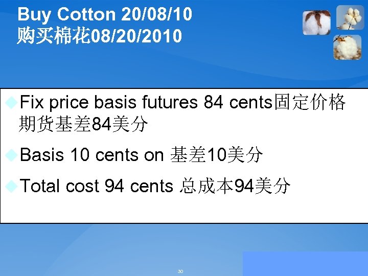 Buy Cotton 20/08/10 购买棉花 08/20/2010 u. Fix price basis futures 84 cents固定价格 期货基差 84美分